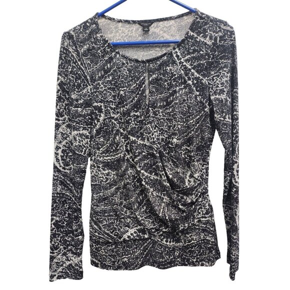 Ann Taylor Top Womens Small Black White Paisley Long Sleeves Ruched Office - Picture 1 of 8